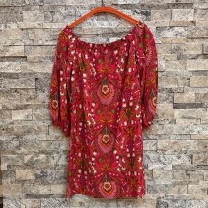 Floral Off-Shoulder Dress - Pink/Orange and Green